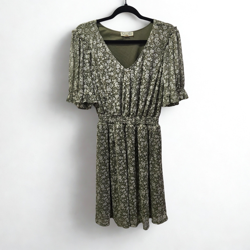 Indigo Rose Dress Boho Feminine 2XL Green Floral‎ Smocked Mini Ruffle Sleeve
